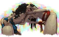 2girls black_hair breasts catfight long_hair mawashi messy_hair multiple_girls navel nipples niwindustries nude open_mouth original simple_background sweat topless underwear wrestling