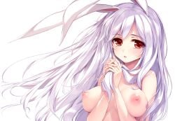 animal_ears breasts breasts_apart completely_nude_female female hands_up ke-ta long_hair looking_at_viewer nipples open_mouth purple_hair rabbit_ears red_eyes reisen_udongein_inaba simple_background touhou upper_body