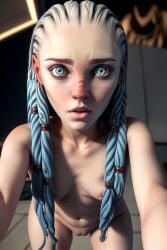 ai_generated alien alien_girl alien_humanoid bare_pussy blue_eyes braided_hair grey_skin gwyndala nude pale_skin selfie skinny small_breasts star_trek star_trek_prodigy vau_n'akat_(species)