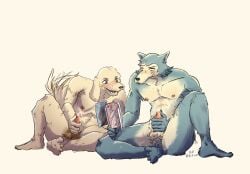 anthro balls beastars blush bodily_fluids by0 canid canine canis comic cum digital_media_(artwork) domestic_dog duo erection feet fur genital_fluids genitals grey_body grey_fur hi_res jack_(beastars) legoshi_(beastars) male male/male mammal masturbation nipples penis pornography tail wolf