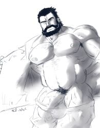 balls bara beard big_penis facial_hair flaccid male male_only monochrome muscles muscular ne0_navi penis solo solo_male