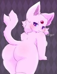 2023 :< absurd_res anthro ass big_butt biped blue_sclera blush breasts cheek_tuft colored digital_media_(artwork) eeveelution espeon eyelashes facial_tuft felid feline female female_anthro fluffy fluffy_tail forehead_gem forked_tail fur gem generation_2_pokemon hi_res kemono leaning leaning_forward looking_at_viewer looking_back looking_back_at_viewer luxiger mammal monotone_body monotone_fur monotone_tail nintendo nude pattern_background pink_body pink_ears pink_fur pink_inner_ear pink_tail pokemon pokemon_(species) pokemorph portrait presenting presenting_hindquarters purple_background purple_eyes raised_tail rear_view shaded short_stack signature simple_background solo standing tail thick_thighs three-quarter_portrait three-quarter_view tuft unusual_anatomy unusual_tail wide_hips