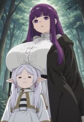 2girls :3 =_= ai_generated artstyle_imitation black_coat breasts_on_head civitai clothed clothing elf elf_ears elf_female elf_girl female female_only fern_(sousou_no_frieren) forest frieren frieren_beyond_journey's_end gigantic_breasts huge_breasts multiple_girls open_mouth purple_hair self_upload size_difference sousou_no_frieren white_hair white_shirt wide_hips