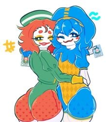 2boys ass balatro blue_hair clown clown_makeup femboy leotard perkeo_(balatro) red_hair thick_thighs triboulet_(balatro)