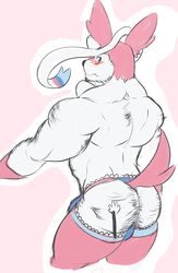 anthro ass blue_eyes blush demondragoncyan eeveelution male male_only mammal muscular muscular_male nintendo pokémon_(species) pokemon pokemon_(species) simple_background solo sylveon video_games