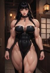 abs ai_generated big_breasts black_hair blung_bangs choker cleon_magic dress japanese japanese_female kumiko_yorikawa muscles muscular_arms muscular_female muscular_thighs narrow_waist original_character slit_dress thick_thighs