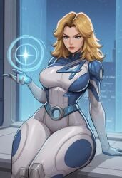 1girls ai_generated ass_focus bed bedroom_eyes big_ass big_breasts big_butt blonde_hair blue_eyes bodysuit curvy curvy_female curvy_figure dat_ass fantastic_four invisible_woman invisible_woman_(marvel_rivals) lipstick marvel sitting sue_storm thick_thighs tight_clothing voluptuous voluptuous_female wide_hips