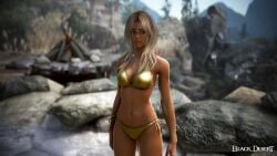 3d arab_female arabian_female bdo beurette bikini black_desert black_desert_online commentary_request dark-skinned_female exposed french_arab game_screenshot golden_bikini irl_character shiny_bikini yourbdoslave