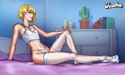 1girls 2d 2d_(artwork) blonde_female blonde_hair blonde_hair digital_drawing_(artwork) digital_media_(artwork) female female_focus female_only joakadraws legwear light-skinned_female light_skin lingerie oc original original_character panties petite petite_body petite_female pose posing sitting small_breasts small_waist solo solo_focus stockings tank_top underwear watermark white_stockings