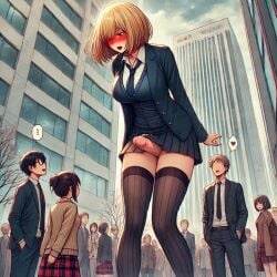 ai_generated big_penis blonde_hair blonde_hair blush bob_cut city embarrassed futa_is_bigger futadom futanari giantess jacket large_penis penis penis_poking_out public public_nudity size_difference skirt skirt_lift spalela stockings tie wardrobe_malfunction