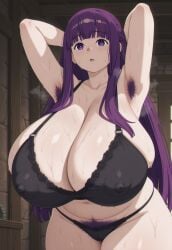 ai_generated armpit_hair arms_behind_head artstyle_imitation black_bra black_panties bra civitai covered_nipples excessive_pubic_hair excessive_sweat fat fern_(sousou_no_frieren) frieren_beyond_journey's_end gigantic_breasts huge_breasts indoors nipple_bulge panties plump pubic_hair pubic_hair_visible_through_clothing purple_armpit_hair purple_eyes purple_hair purple_pubic_hair self_upload sousou_no_frieren sweat sweating sweating_female sweating_profusely sweaty sweaty_body sweaty_breasts sweaty_legs sweaty_thighs wide_hips