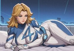 1girls ai_generated ass_focus bed bedroom_eyes big_ass big_breasts big_butt blonde_hair blue_eyes bodysuit curvy curvy_female curvy_figure dat_ass earrings fantastic_four invisible_woman invisible_woman_(marvel_rivals) lipstick lying_on_side marvel marvel_rivals mature_female milf sue_storm superheroine thick_thighs tight_clothing voluptuous voluptuous_female wide_hips