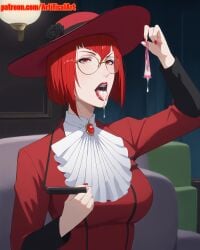 1girls ai_generated angelina_durless artifical_art black_butler condom cum cum_in_condom cum_in_mouth glasses incest kuroshitsuji lipstick nail_polish open_mouth red_eyes red_hair red_lipstick red_nail_polish slender_body tongue_out