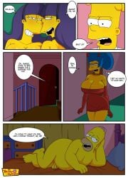 1boy 20th_century_fox 20th_century_studios 2girls bart_simpson dialogue embarrassed flirting homer_simpson husband_and_wife laughing lying_on_bed marge_simpson penis sherri_mackleberry terri_mackleberry threesome vercomicsporno waiting_for_sex yellow_skin