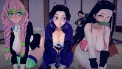 3d 3d_(artwork) 3d_animation 3girls animated ass ass_grab being_watched big_ass big_breasts black_hair blush breasts bumping_asses bumping_butts cleavage demon_slayer fat_ass female hair_accessory hair_up kamado_nezuko kamado_tanjirou kanroji_mitsuri kneeling kochou_shinobu koikatsu long_hair pink_hair shaking shaking_ass shaking_butt skirt smile smiling smirk thick_ass thick_thighs thong uniform upskirt watching