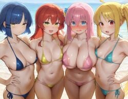 4girls ahoge ai_generated asymmetrical_docking beach bikini blonde_hair blue_eyes blue_hair blush bocchi_the_rock! breasts brown_eyes covered_nipples embarrassed goonedoutp3rv gotou_hitori green_eyes hair_ornament hairclip huge_breasts ijichi_nijika kita_ikuyo long_hair looking_at_viewer medium_breasts micro_bikini navel ocean open_mouth pink_hair ponytail red_hair seaside short_hair side_ponytail small_breasts smile yamada_ryou yellow_eyes