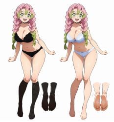 :d ai_generated all_fours artist_name ass bare_shoulders barefoot black_socks blue_bra blush bra braid breasts cameltoe character_sheet cleavage demon_slayer edited edited_by_uploader feet female female_focus foot_focus full_body gradient_hair green_eyes green_hair japanese_clothes kanroji_mitsuri kimetsu_no_yaiba lace-trimmed_bra lace-trimmed_panties large_breasts long_hair looking_at_viewer looking_back mole mole_under_eye multicolored_hair multiple_views open_mouth panties phibsai pink_bra pink_hair smile soles strapless teeth text thighs toenail_polish toes topless twin_braids underwear underwear_only white_background white_bra white_panties