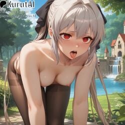 1girls ai_generated all_fours artist_name artist_signature bangs beach bent_over blush bow breasts collarbone eyebrows_visible_through_hair female hairbow hill kurutai long_hair looking_at_viewer lynneburg_clays nipples open_mouth ore_wa_subete_wo_parry_suru outdoors pantyhose path patreon plant red_eyes saliva sidelocks solo thighband_pantyhose tongue tongue_out torii torn_legwear twintails uncensored very_long_hair water