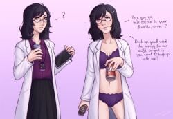 black_hair blush coffee coffee_can commission dark_makeup glasses karnenka lab_coat labcoat lingerie looking_at_viewer office_lady playful purple_clothing question_mark sketch_page wavy_hair yellow_eyes