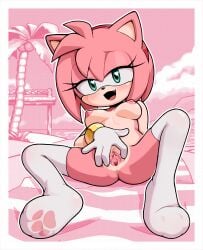 :d absurdres amy_rose areolae ass blush breasts bunguy eyelashes female female furry furry_female gloves gold_bracelet green_eyes heart heart-shaped_pupils hedgehog highres legs legwear long_eyelashes looking_at_viewer medium_breasts nipples nude open_mouth outline paw_print pink_background pink_fur pink_hair pink_theme presenting pussy red_hairband seductive sega smile solo sonic_the_hedgehog_(series) spread_legs spread_pussy symbol-shaped_pupils thighhighs white_border white_legwear white_outline