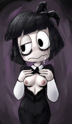 black_dress black_eyes black_hair blush bob_cut breasts creepy_susie dress female gothic hyper_eyes itimu short_hair solo soubriquetrouge the_oblongs tits