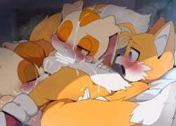 1boy 2girls age_difference blowjob blush censor_bar censored cream_the_rabbit cum_in_mouth cumshot dagasi eating_ass milf sonic_(series) tails tails_the_fox vanilla_the_rabbit