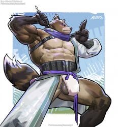 abs amon-sydonai anthro balls belt brown_body brown_fur bulge canid canine clothed clothing epic_games eye_scar facial_scar fluffy fluffy_tail fortnite front_view fur genitals hajime_(fortnite) hi_res male mammal muscular muscular_anthro muscular_male partially_clothed pecs pose raccoon_dog scar solo tail tanuki utility_belt weapon_on_back white_eyes