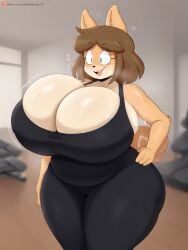 1girls ai_generated big_breasts big_thighs black_clothing cleavage furry furry_female furry_only june_(jinu) slightly_chubby sports_bra sweating yoga_pants