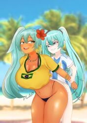 1futa 1girls argentinian_miku big_breasts blue_hair brazilian_miku dark-skinned_female dark_skin female futa_on_female futanari green_hair hatsune_miku huge_breasts implied_futanari kanikamidesu light-skinned_futanari light_skin long_hair small_breasts vocaloid