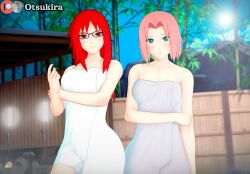 2girls barely_clothed blush breasts cleavage eyewear female female_only glasses green_eyes koikatsu looking_at_viewer multiple_girls naruto naruto_(series) naruto_shippuden otsukira petite pink_hair red_eyes red_hair sakura_haruno towel towel_only uzumaki_karin