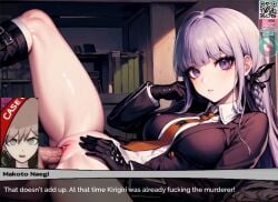 1boy 1girls 2023 ai_assisted ai_generated arm_support bangs black_gloves blush bottomless breasts comic_page crextcomic danganronpa desk gameplay_mechanics gloves jacket kirigiri_kyouko knee_up leg_up legs_apart long_hair looking_at_viewer medium_breasts naegi_makoto necktie no_panties objection! on_desk parted_lips penis purple_eyes purple_hair pussy qr_code reupload ribbon school school_uniform schoolgirl sex shiny_skin sideways spread_legs straight teenager text thighs uncensored vaginal_penetration white_shirt