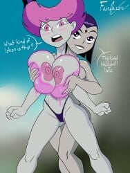 2girls alternate_breast_size big_breasts blue_hair breast_grab breasts dc_comics dialogue english_text fairfaxer female female_only grey_skin huge_breasts hyper_breasts jinx_(dc) multiple_girls nipples pink_hair raven_(dc) teen_titans text yuri