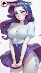 1girl 1girls 2026 ai_generated artist_name bangle blue_eyes boobs bracelet breasts bust chest cleavage earrings electroworld friendship_is_magic hi_res high_quality high_resolution highres jewelry long_hair makeup my_little_pony patreon patreon_username purple_hair rarity_(mlp) short_sleeves solo stable_diffusion tits watermark