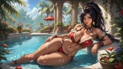 1female 1girl 1girls 1woman abs ai_generated big_breasts black_hair black_hair_female female female_abs female_focus forehead_gem forehead_jewel gem_on_forehead jewel_on_forehead large_breasts laying league_of_legends long_hair long_hair_female looking_at_viewer nidalee outdoors panties ponytail ponytail_female pool poolside riot_games shiny shiny_breasts shiny_skin thealphega tooth_necklace tribal_markings tribal_tattoo tribal_tattoos underwear water