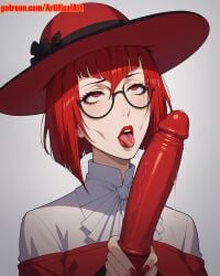 1girls ai_generated angelina_durless artifical_art black_butler glasses kuroshitsuji lipstick red_eyes red_hair red_lipstick slender_body solo