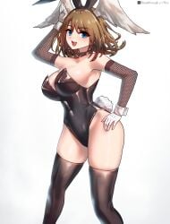 1girls absurd_res arm_up bare_shoulders black_legwear black_leotard black_stockings black_thighhighs blue_eyes breakthrough_rr breasts brown_hair bunny_costume bunny_ears bunnysuit busty cleavage detached_collar eunie_(xenoblade) female female_only fishnet_armwear fishnet_clothing fishnets gloves head_wings highres large_breasts leotard long_hair looking_at_viewer monolith_soft nintendo simple_background stockings thick_thighs thighhighs thighs wide_hips wings xenoblade_(series) xenoblade_chronicles_3