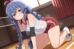 1girls ai_generated bare_thighs basketball_uniform blue_eyes blue_hair braided_hair female female_only hiragayu_ai light-skinned_female light_skin looking_at_viewer mushoku_tensei roxy_migurdia smiling solo sports_shorts squatting sweat sweatdrop thick_body thick_female thick_thighs thighs voluptuous voluptuous_female