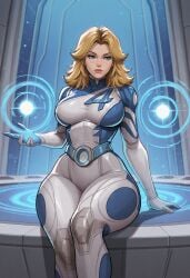 1girls ai_generated ass_focus bed bedroom_eyes big_ass big_breasts big_butt blonde_hair blue_eyes bodysuit curvy curvy_female curvy_figure dat_ass fantastic_four invisible_woman invisible_woman_(marvel_rivals) lipstick marvel sitting sue_storm thick_thighs tight_clothing voluptuous voluptuous_female wide_hips