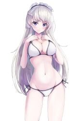 azur_lane bare_arms bare_shoulders belfast_(azur_lane) benedia bikini blue_eyes blush braid breasts cleavage closed_mouth collarbone cowboy_shot female groin half_up_braid hands_up highres large_breasts long_hair looking_at_viewer maid_headdress navel side-tie_bikini_bottom simple_background smile solo standing stomach swimsuit thighs white_background white_bikini white_hair