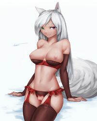 animal_humanoid breasts cat_humanoid clothing dress elymie feline female heterochromia humanoid legwear lingerie looking_at_viewer mammal nipples otonaru pussy simple_background smile solo stockings white_background