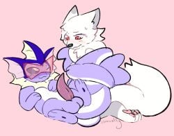 2024 balls bloowolfy canid canine coiling duo eeveelution feral fox fur generation_1_pokemon genitals male mammal nintendo penis pink_background pokemon pokemon_(species) simple_background smile tapering_penis vaporeon white_body white_fur