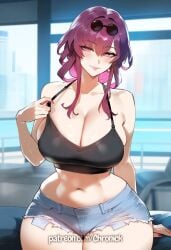 1girls ai_generated chronick cleavage curvy denim_shorts honkai:_star_rail hourglass_figure huge_ass huge_breasts kafka_(honkai:_star_rail) micro_shorts mommy nai_diffusion seductive_look sitting solo thick_thighs wide_hips