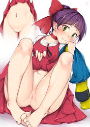 breasts cat_girl censored female gegege_no_kitarou hair_ribbon humanoid mosaic_censoring nakareki nekomusume pointed_ears purple_hair pussy short_hair skirt_lift youkai