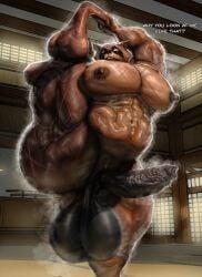 absurd_res anthro ass balls big_balls big_pecs big_penis bodily_fluids canid canine epic_games erect_nipples erection foreskin fortnite genitals hajime_(fortnite) hi_res hohohonse male mammal musclegut muscular muscular_anthro muscular_male muscular_thighs musk musk_clouds musky_armpit musky_balls musky_butt musky_penis nipples pecs penis procyonid raccoon raccoon_dog scar solo solo_focus stretching sweat sweaty_butt sweaty_genitalia tanuki vein veiny_penis