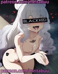 \(azur blacked blush breasts censor censored collarbone completely_nude cum cum_in_mouth cum_on_body cum_on_tongue cupping_hands double_bun female hair_bun heart identity_censor lane\)tags: le le_malin_\(azur_lane\) loli long_hair malin meitabuu mosaic_censoring name: nude open_mouth own_hands_together sitting small_breasts smile solo tattoo teeth tongue tongue_out very_long_hair white_hair