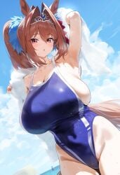 ai_generated air_intake(hairstyle) animal_ears breasts daiwa_scarlet_(umamusume) female high_cut_swimsuit hip_bones hips horse_girl pussy red_eyes ribbon_in_hair sideboob swimsuit tiara twintails umamusume umamusume_pretty_derby