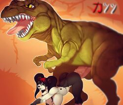 ambiguous_penetration anthro anthro_on_feral balls bear bent_over big_breasts big_penis breasts copycatz_(artist) dinosaur duo erection female female_on_feral feral larger_male makeup male mammal nude open_mouth panda penetration penis size_difference smile standing straight theropod tongue tongue_out tyrannosaurus_rex vein veiny_penis voluptuous zoophilia