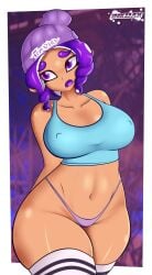 1girls 1nkdax artist_name beanie beanie_hat big_breasts blue_top blue_topwear breasts covered_nipples curly_hair digital_drawing_(artwork) digital_media_(artwork) hands_behind_back hat headgear large_breasts looking_to_the_side navel nintendo octoling octoling_girl open_mouth panties purple_eyes purple_hair purple_panties purple_tongue purple_underwear raised_eyebrows solo solo_female solo_focus splatoon splatoon_3 tentacle_hair thick_thighs thighhighs tongue underwear white_thighhighs yuka_(splatoon)