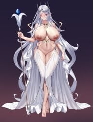 areolae blush character_request cleavage elf facial_mark female_only feng_mouren full_body gem grey_hair highres huge_breasts long_hair navel nipples original pointy_ears pussy red_eyes revealing_clothes solo staff topless