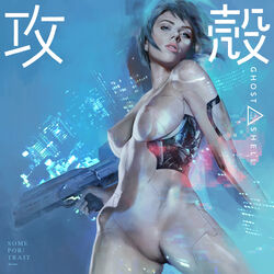 1girls actress android areolae bare_shoulders blue_eyes blue_hair breasts breasts_apart casual celebrity childe_abaddon cyberpunk cyborg female female_only finger_on_trigger firearm ghost_in_the_shell ghost_in_the_shell_(2017) gun human kusanagi_motoko lips looking_at_viewer nipples nude pale_skin rifle scarlett_johansson short_hair solo weapon